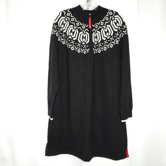 Talbots Sweater Dress Sz XL Black White Fair Isle 1/4 Zip Mock Neck - Picture 1 of 8
